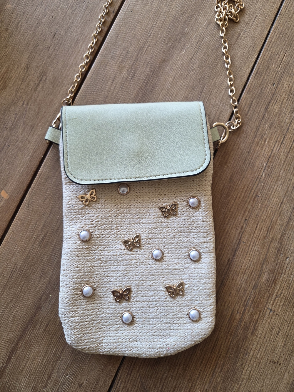 Straw Crossbody Phone Bag with Mint Flap and Butterfly Accents